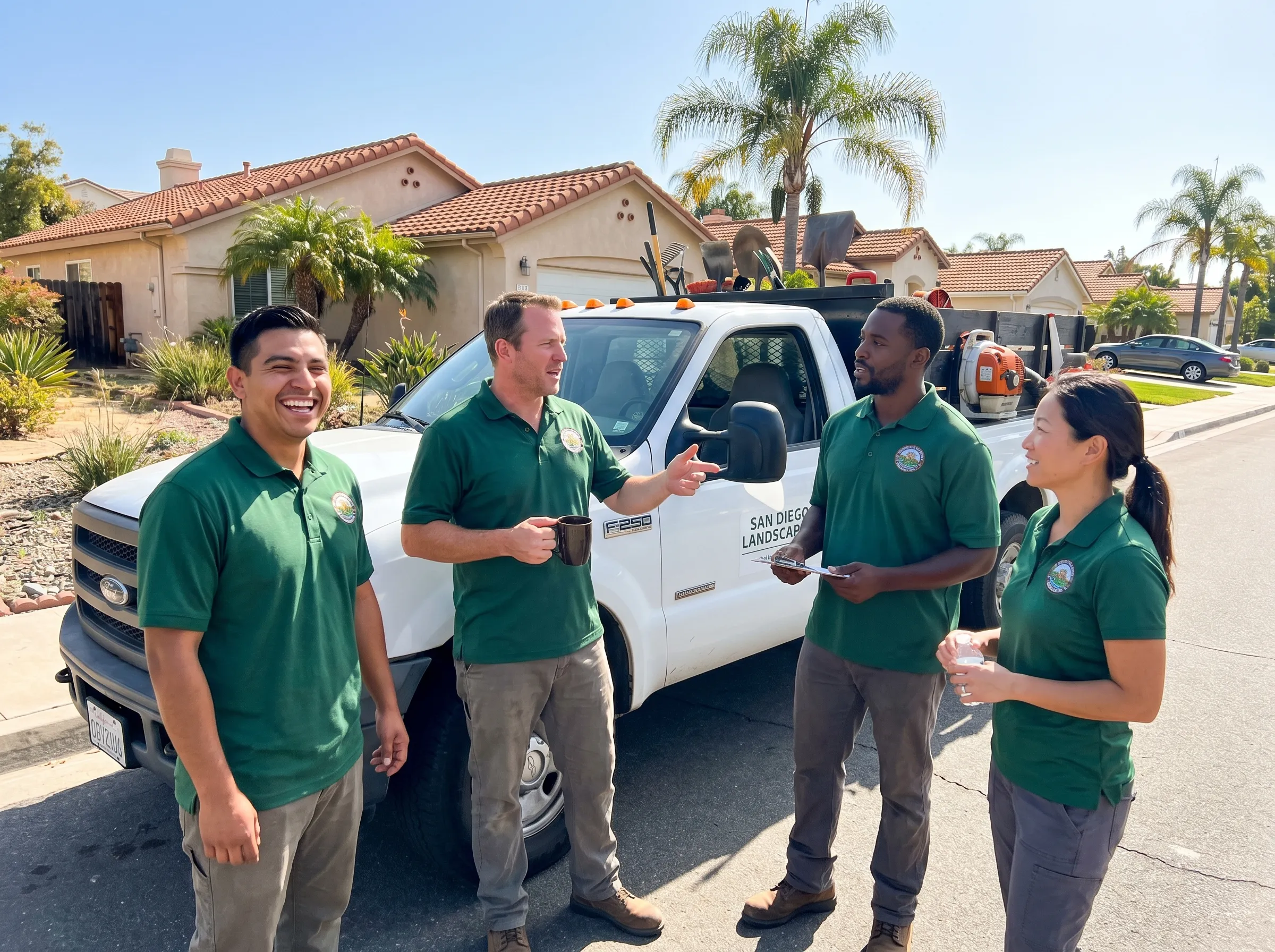 Landscaping crew in matching embroidered company polos talking beside their truck in a San Diego neighborhood