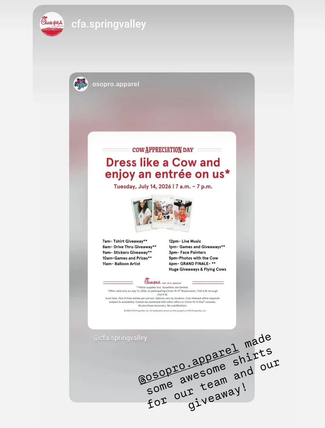 Instagram story from Chick-fil-A Spring Valley resharing OsoPro Apparel's Cow Appreciation Day post and thanking them for the shirts