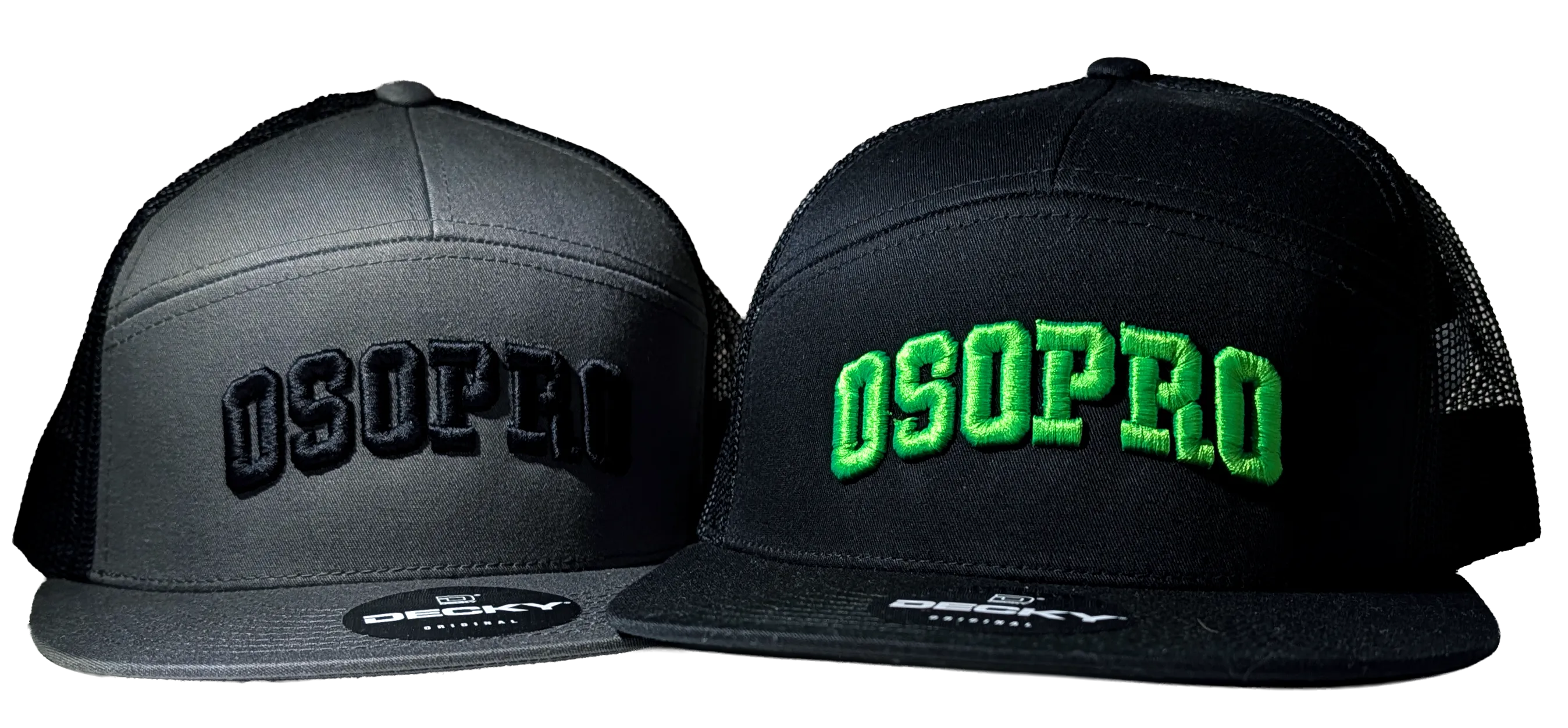 Two custom embroidered OsoPro snapback caps, one charcoal with tonal black stitching and one black with green 3D puff stitching