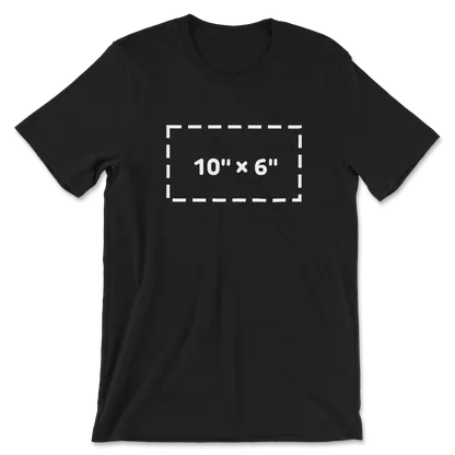 T-shirt mockup showing the 10" by 6" front print area included in tee pricing