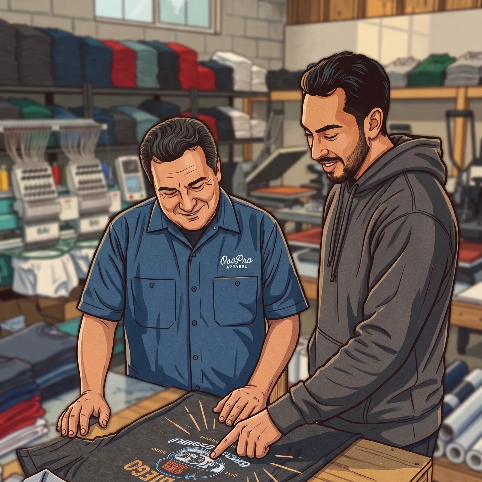 OsoPro Apparel owner and a customer reviewing a finished San Diego custom print in the shop, embroidery and press equipment behind them